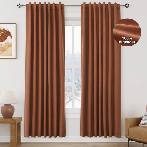 Vista 45 de Nanspring Cortinas de lino 100% opacas para dormitorio, 96 pulgadas de largo, con pestaña trasera, bolsillo para barra, aislamiento térmico, cortina