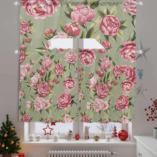 Vista 7 de Juego de cortinas de cocina con festón floral verde salvia, cenefa y nivel, 24 pulgadas de largo, diseño retro de flores rosa pastel, cortinas