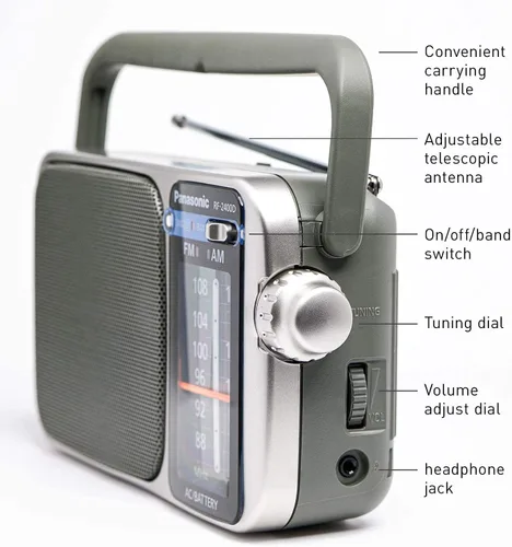 Vista 5 de RF2400D Radio AM/FM portátil plateada + 4 pilas AA con cargador + paño de limpieza de microfibra