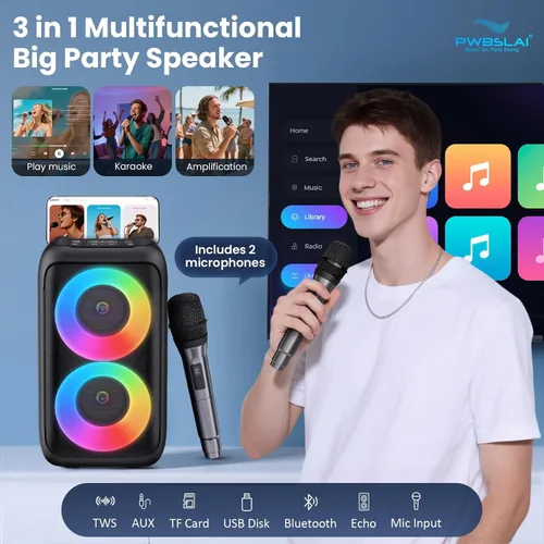 Vista 2 de Altavoz Bluetooth con 2 micrófonos inalámbricos recargables, altavoz portátil para fiesta con luces de colores, altavoces de pie compatibles