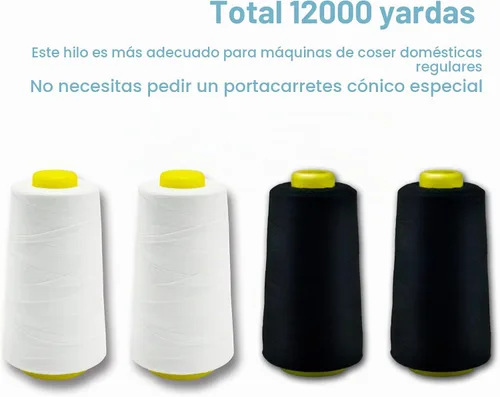 Vista 4 de Hilo serger blanco y negro, hilo multiusos para coser, poliéster, 4 conos de 2743 m cada uno para máquina de coser 2 blanco 2 negro