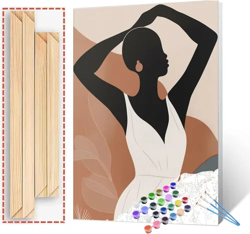 Vista 12 de Pintura de niña afro a la moda, kits de pintura por números, 16 x 20 pulgadas, lienzo de hojas tropicales, pintura al óleo para niños y adultos