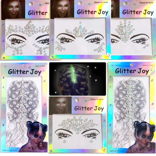 Vista 8 de Joyas de gemas faciales, calcomanías de tatuaje de joyas faciales para festivales, gemas corporales pegadas en la cara, tatuajes faciales temporales