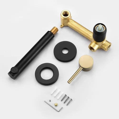 Vista 6 de SUMERAIN Grifo de lavabo de baño montado en la pared, acabado negro y dorado, grifo de lavabo con una sola manija y válvula áspera
