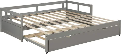 Vista 5 de Sofá cama tamaño individual, sofá cama individual con nido, sofá cama de madera extensible, sofá cama para dormitorio/sala de estar, gris