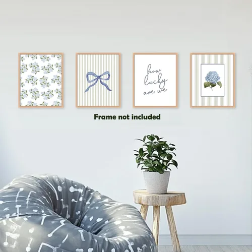 Vista 4 de Pleonox Juego de 4 impresiones artísticas florales de hortensias con lazo azul coqueta verde salvia de 8 x 10 pulgadas, con texto en inglés «How