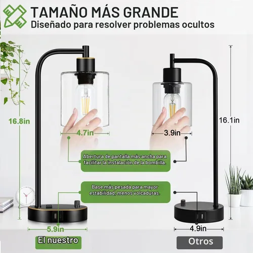 Vista 4 de Juego de 2 lámparas de mesa industriales negras y doradas con puerto USB, lámparas de noche regulables totalmente continuas para dormitorios Vidrio