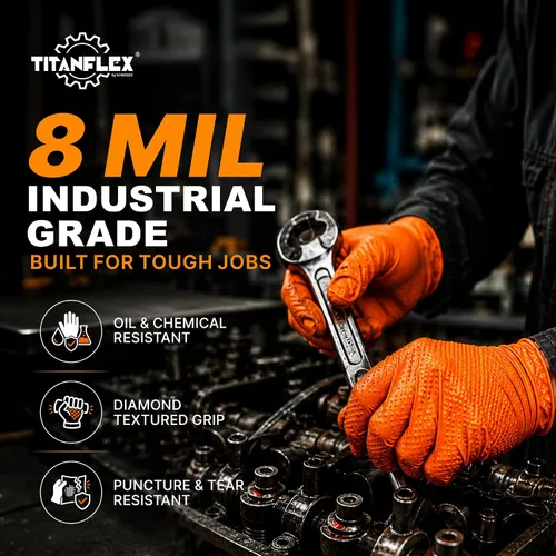 Vista 2 de TitanFlex Heavy Duty Orange Industrial Nitrile Gloves with Raised Diamond Texture, Latex Free (6mil/8mil)