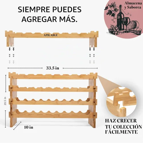 Vista 6 de DECOMIL - Estante de vino grande para 36 botellas, estante apilable y modular para almacenamiento de vino, estantes de exhibición de bambú sólido