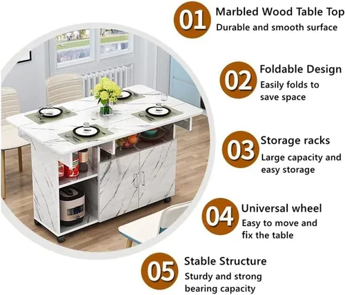 Vista 4 de Mesa de comedor plegable, mesa rectangular versátil con 4 ruedas, 5 estantes de almacenamiento, ahorro de espacio para comedor, cocina, ocio, mesa