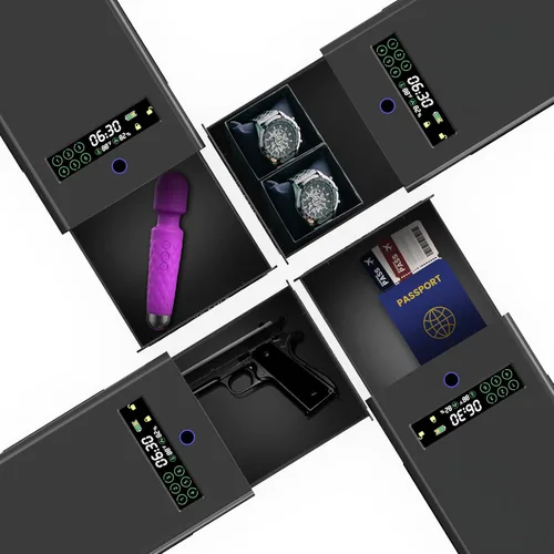 Vista 4 de Caja fuerte para pistola deslizante para mesita de noche, cajón seguro para pistolas, huellas dactilares biométricas, teclado y llave, pantalla LCD
