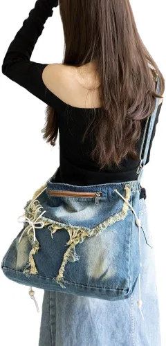 Vista 3 de Bivinke Bolsas de tela vaquera para mujeres y hombres, bolso de hombro cruzado, bolso casual, bolso retro de gran capacidad
