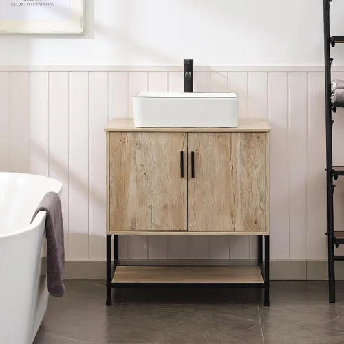 Vista 58 de UEV Juego de tocador de baño antiguo de 24 pulgadas, color marrón oscuro con lavabo, armario de baño de madera de hierro con grifo de temperatura