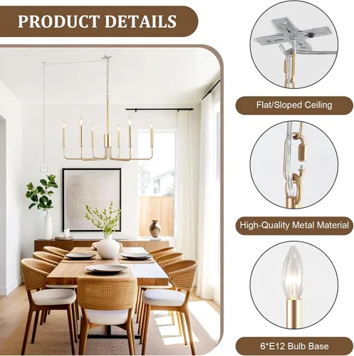 Vista 5 de Candelabro de 6 luces enchufables, lámpara colgante dorada con cable de enchufe de 15.1 pies e interruptor, candelabros modernos para comedor, sala