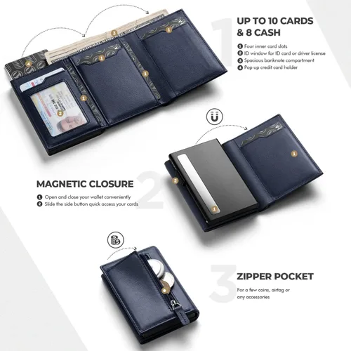 Vista 2 de VULKIT Cartera con bolsillo para monedas, cierre magnético, con ventana de identificación, billetera de cuero para efectivo y tarjetas de crédito