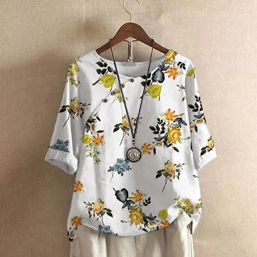 Vista 2 de Camisetas de lino de algodón para mujer, talla grande, manga corta, estampado gráfico de diente de león, camisetas con cuello redondo, túnica