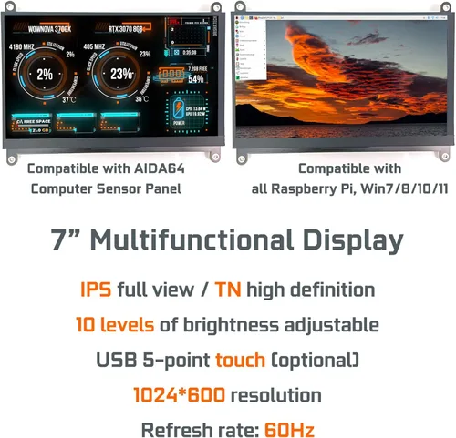 Vista 2 de WOWNOVA Panel de sensor de computadora de 7 pulgadas, pantalla LCD, monitor de temperatura de PC, pantalla secundaria, accesorios de PC para carcasa
