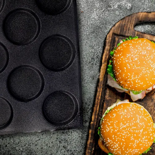 Vista 4 de Molde de silicona para pan de hamburguesas, molde antiadherente para pan de perros calientes, hojas redondas perforadas para pan, 8 cavidades