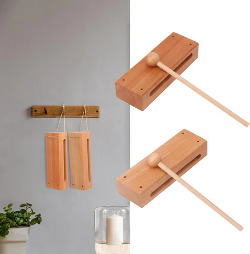 Vista 6 de Juego de 2 bloques de ritmo de madera maciza con mazo, instrumento de percusión musical duradero, apto para bloques de madera musical para adultos