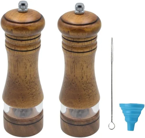 Vista 7 de Juego clásico de molinillo de sal y pimienta, molinos de sal y pimienta recargables, molinillo de sal manual de madera de roble, molinillo de Marrón