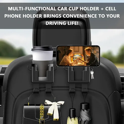 Vista 6 de 2 portavasos multifuncionales para automóvil + soporte para teléfono de automóvil + gancho para bolso de automóvil, organizador colgante