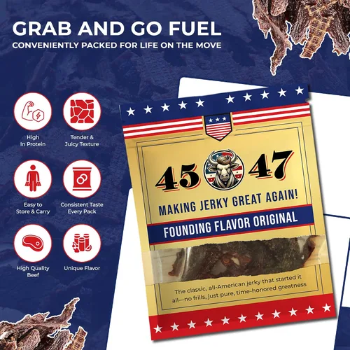 Vista 4 de Carne seca 45-47 – Carne seca premium hecha en Estados Unidos, 0.35 onzas de proteína por porción, baja en grasa, sin gluten, aperitivo audaz
