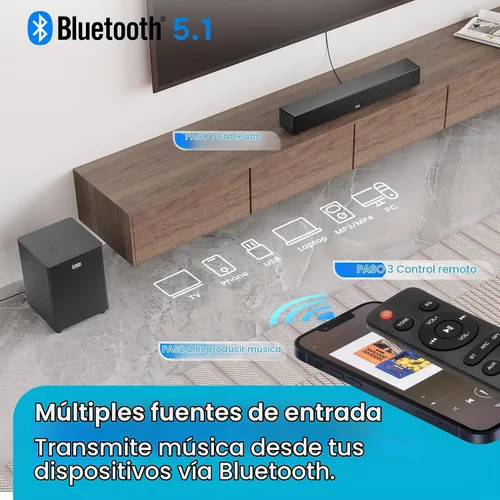 Vista 4 de Acoustic Audio 5.1 Barra de sonido envolvente para cine en casa con Bluetooth, RCA, óptico, ARC, AUX, subwoofer inalámbrico y control remoto