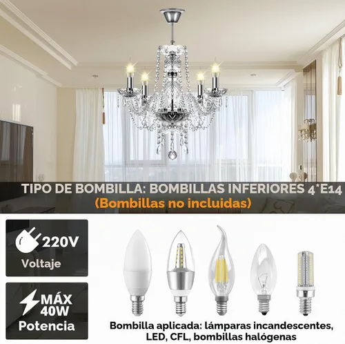 Vista 6 de Ridgeyard Candelabro transparente de 4 brazos con forma de gota de lluvia de cristal, lámpara de techo empotrada para comedor, sala de estar
