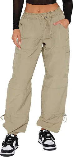 Vista 17 de Waitfairy Pantalones cargo para mujer, con cordón elástico, cintura elástica, pantalones de paracaídas holgados para mujer, pantalones Y2K con 01