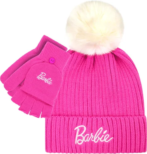 Vista 6 de Gorro de invierno Barbie para mujer – Gorros de invierno con guantes para mujer, gorros cálidos, gorro de punto rosa Sombrero y guantes negros