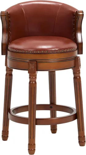 Vista 11 de CozyRain Taburetes de bar de madera de goma, taburete de bar tapizado de cuero con respaldo y reposapiés para el hogar, cocina, mostrador, comedor