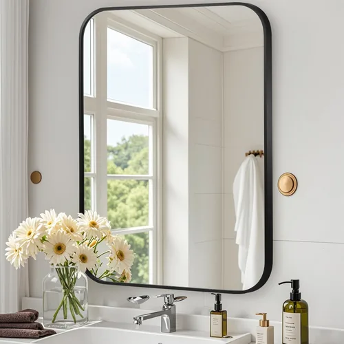 Vista 13 de Espejo de baño negro de 22"x30", espejo rectangular con marco de metal negro mate, espejo de tocador con esquinas cuadradas, espejo para pared