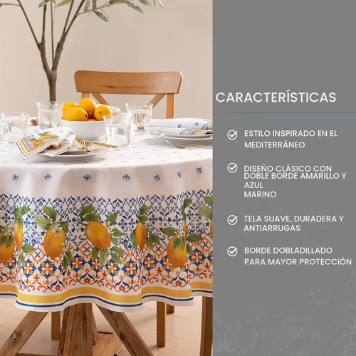 Vista 3 de Elrene Home Fashions Capri Limón Mantel de Tela Mediterráneo con Doble Borde Primavera/Verano, Redondo, 70 pulgadas X 70 pulgadas