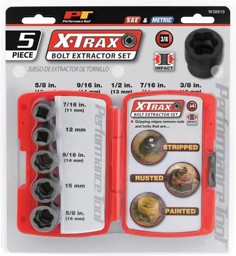 Vista 6 de Performance Tool W38919 Juego de extractor de pernos de 5 piezas con accionamiento de 3/8 pulgadas (métrico/SAE) Stripped nut and bolt remover.
