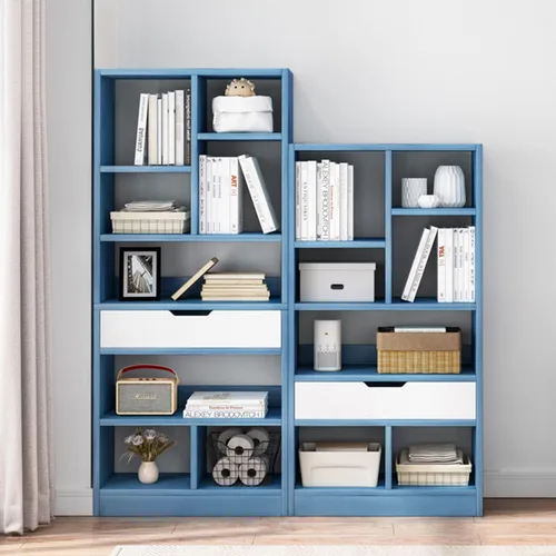 Vista 5 de IOTXY - Estantería de madera con espacios abiertos, 51" de altura, organizador de almacenamiento con 7 cubos y un cajón, estante de piso, color azul