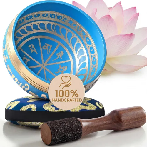 Vista 20 de Juego de cuencos tibetanos grabados a mano con estuche – Cuenco de meditación y cuenco de sonido con cojín, mazo y guía – Herramienta portátil