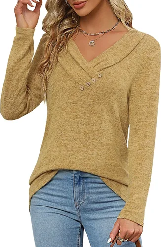 Vista 5 de Blusa casual de manga larga para mujer, para usar con leggings, cuello en V, con botones, estilo casual