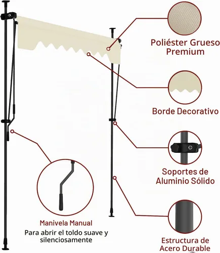 Vista 3 de STEELAID Toldo retráctil manual – Parasol de 59 pulgadas sin tornillos para exteriores – Cubierta de pérgola ajustable con protección UV – Toldo