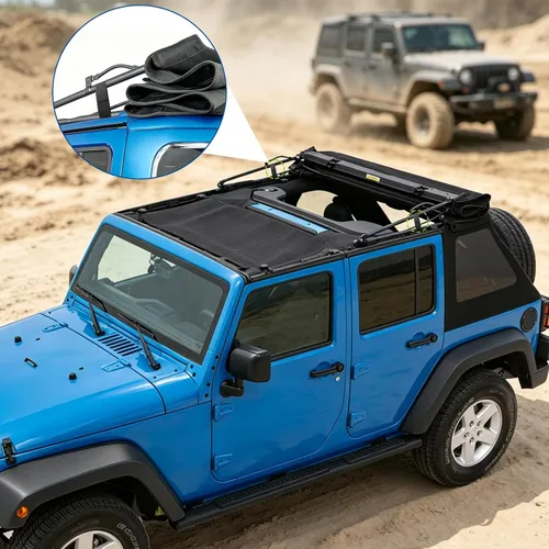 Vista 5 de Correa de amarre de techo suave para Jeep Wrangler JK, correa de tensión superior suave ajustable, negro (paquete de 4) Soft Top Tie Down Straps