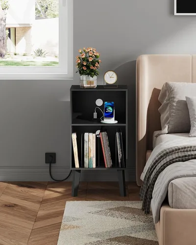 Vista 2 de WLIVE Moderna mesita de noche con almacenamiento, mesita de noche de espacio pequeño, mesa auxiliar para dormitorio y sala de estar, mesita de noche
