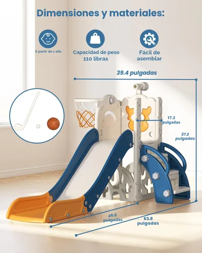 Vista 6 de BIERUM Tobogán para niños, juego de 6 en 1 para interiores y exteriores con aro de baloncesto, juego de golf y telescopio, juego de tobogán y Azul