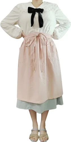 Vista 9 de Delantales de chef unisex blanco retro algodón criada corto 2 bolsillos cintura camarera mitad delantal Bordado azul