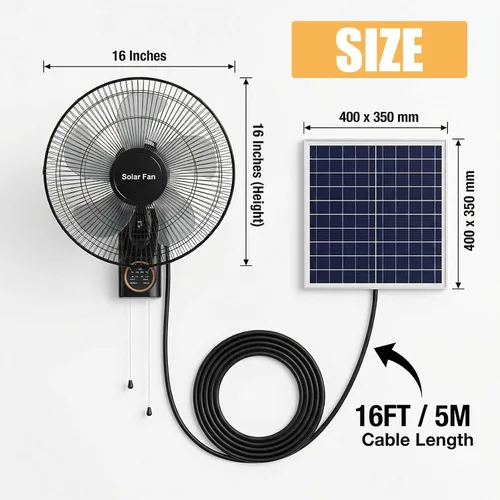 Vista 2 de Heavy Duty 16 Waterproof Solar Wall Fan - Oscillating With Remote & Timer, Adjustable 3 Speeds, Quiet For Greenhouse, Patio, Outdoor & Commercial Use