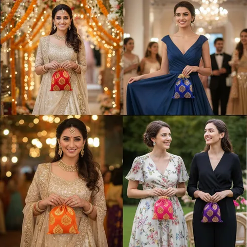 Vista 6 de Touchstone Bolsas de cordón tradicionales indias hechas a mano en tejido brocado con patrón de hojas de ficus. Perfecto para regalos, joyas, bodas