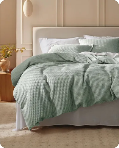Vista 44 de Bedsure Funda de edredón de 100% algodón tamaño individual, tejido gofre, color blanco coco, GentleSoft y transpirable, juego de cama para regalo, 2