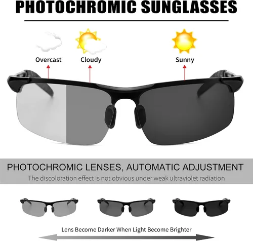 Vista 4 de Wzerry Lentes de sol polarizados fotocromáticos para hombres lentes de sol deportivos con marco de metal Al-Mg para conducir protección UV400