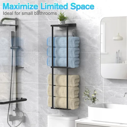 Vista 7 de Liuoud Toallero para Baño, Organizador Portador de Almacenamiento de Toallas Enrolladas Vertical Montado en la Pared con Estante, Sostiene Hasta 6