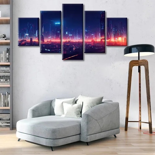 Vista 326 de Cuadros de 5 paneles de Cyberpunk City, arte de pared, representación de vallas publicitarias, edificios modernos en la capital con obras de arte