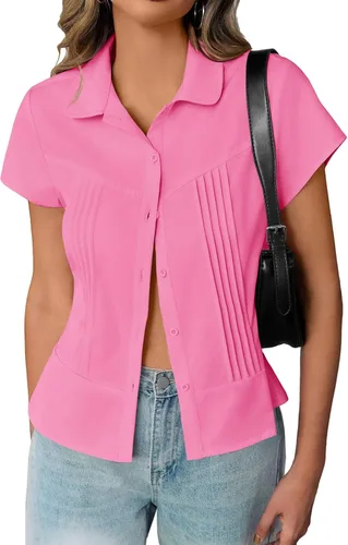 Vista 11 de Cicy Bell Blusas de manga corta con botones para mujer, plisadas, ajuste ceñido, elegantes casuales de verano