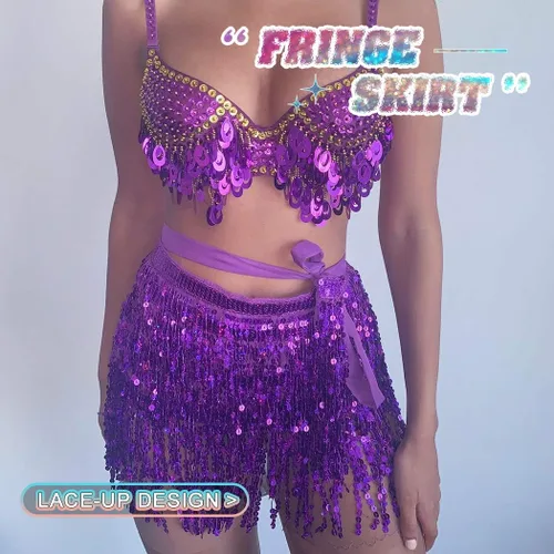 Vista 3 de REETAN Falda Boho para danza del vientre con lentejuelas, mascada de cadera con flecos y borlas falda para fiestas, bailes,actuaciones y disfraces